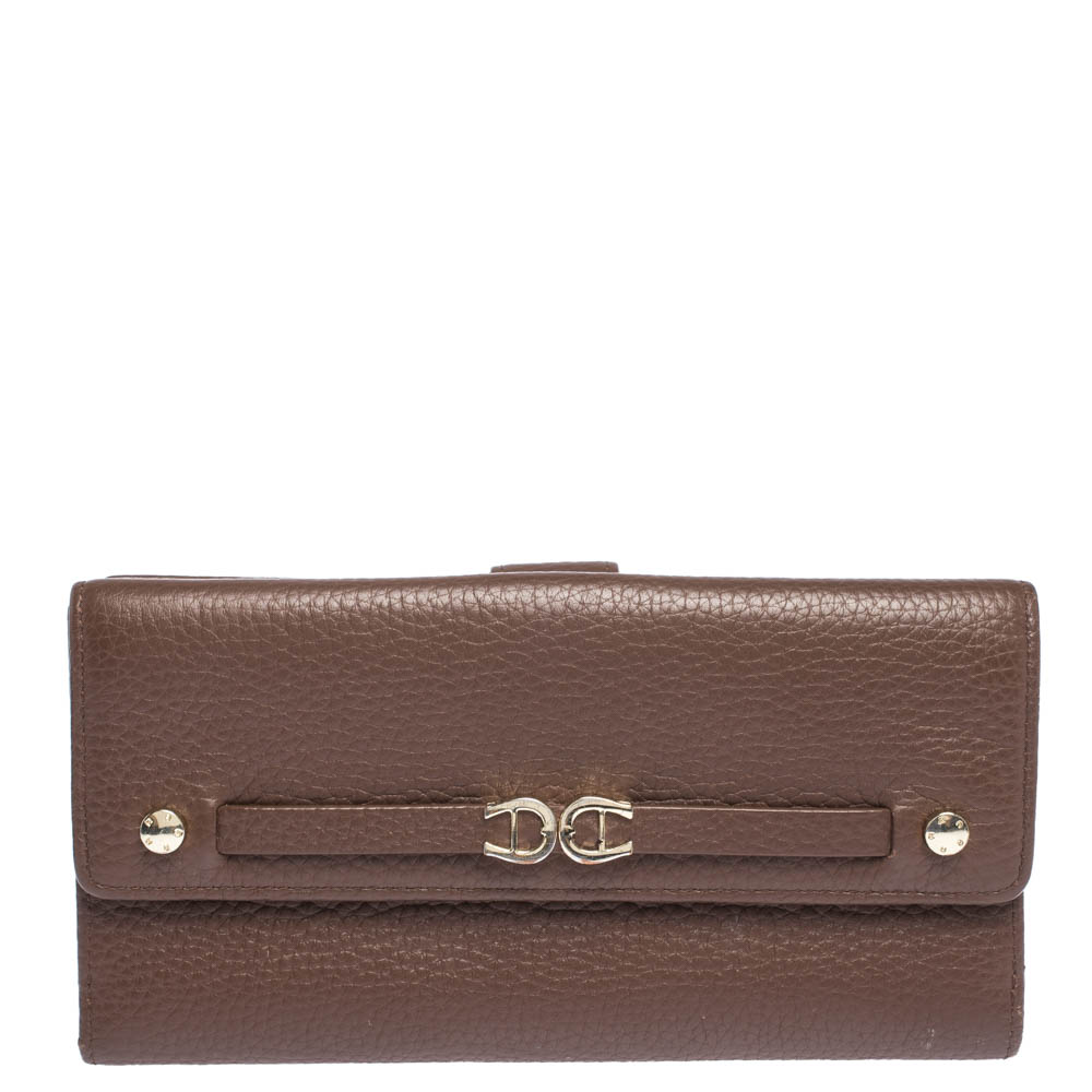 Image of Aigner Brown Leather Logo Buckle Flap Continental Wallet