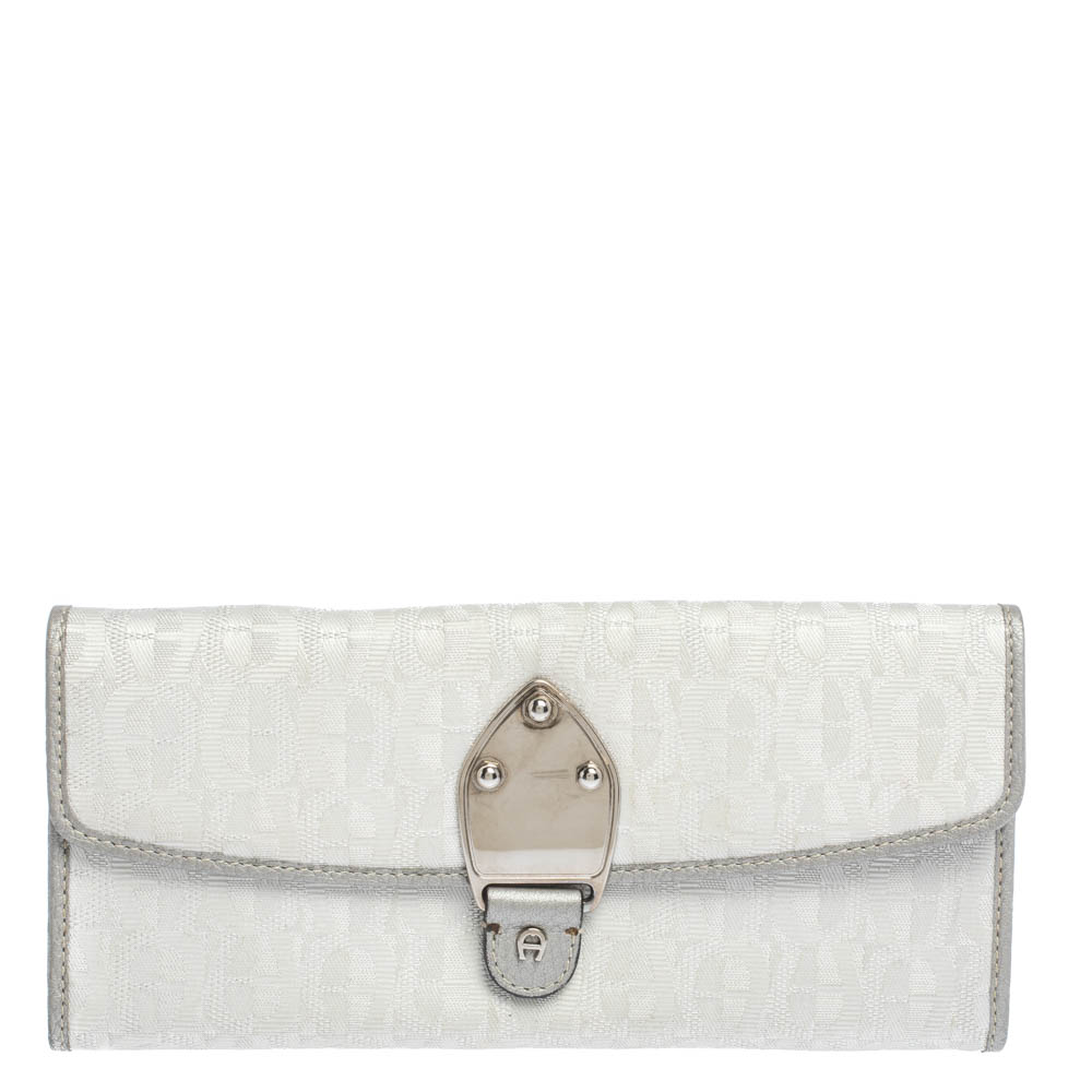 Image of Aigner White/Grey Nylon and Leather Flap Continental Wallet