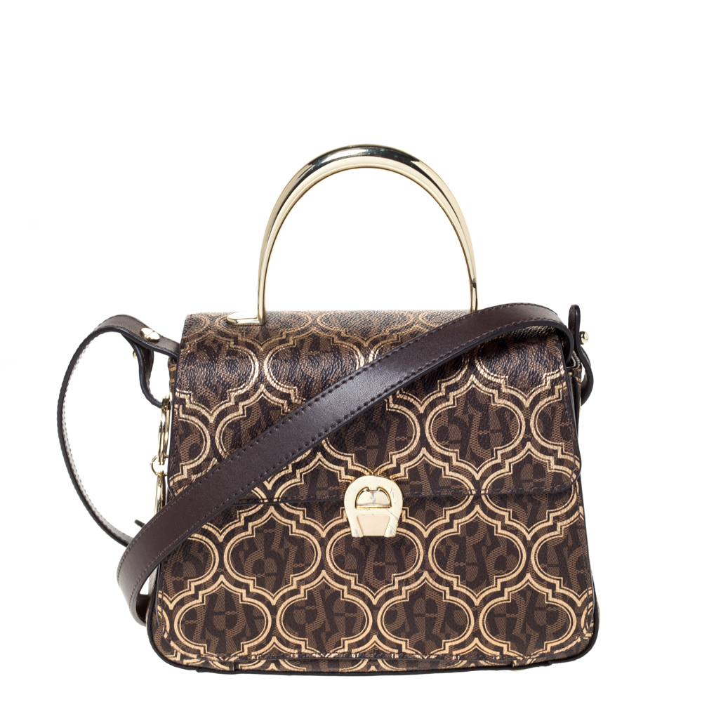 Image of Aigner Brown/Gold Signature Coated Canvas and Leather Genoveva Top Handle Bag