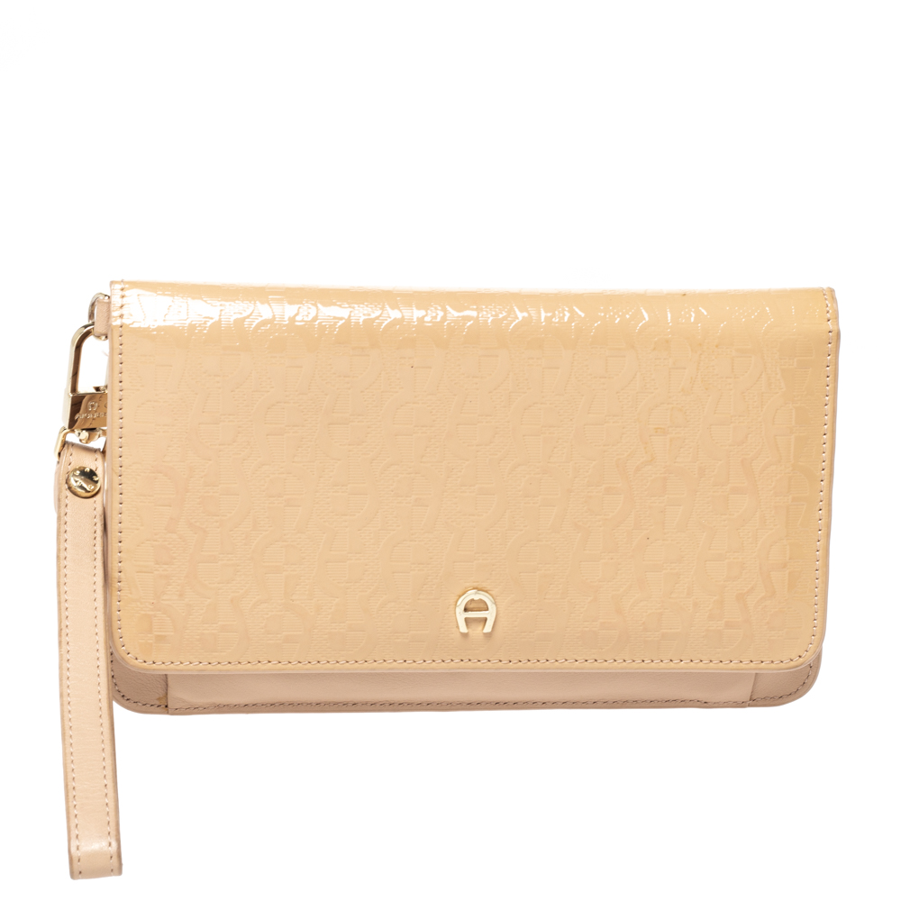 Image of Aigner Beige Signature Embossed Patent Leather Flap Wristlet Wallet