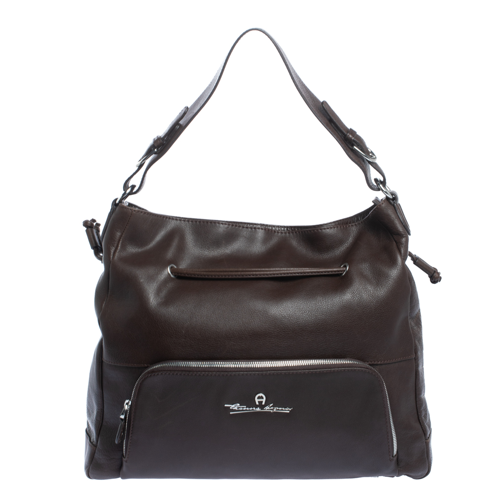 Image of Aigner Dark Brown Leather Drawstring Front Pocket Top Handle Bag