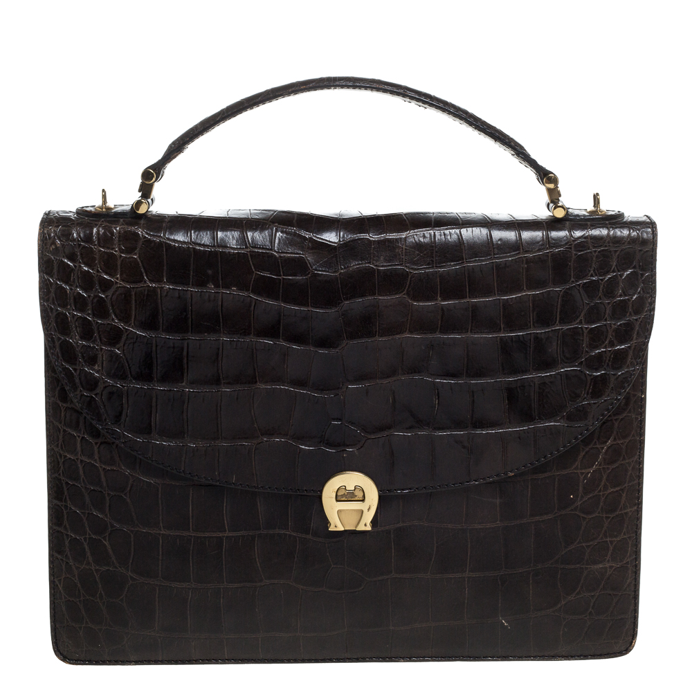 Image of Aigner Black Croc Embossed Leather Logo Buckle Flap Top Handle Bag