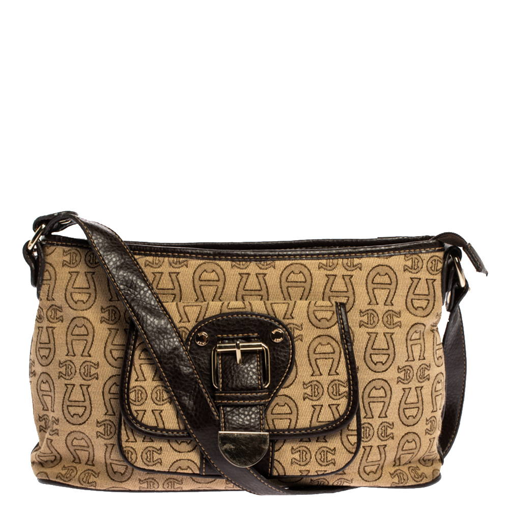 Image of Aigner Brown/Beige Signature Canvas and Leather Pocket Buckle Shoulder Bag