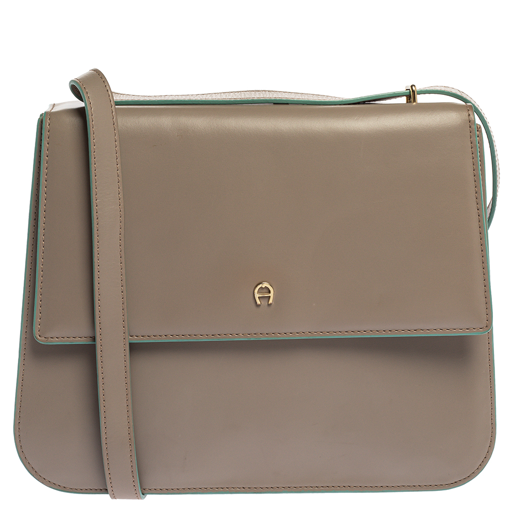 Image of Aigner Grey/Turquoise Leather Flap Triple Compartment Shoulder Bag