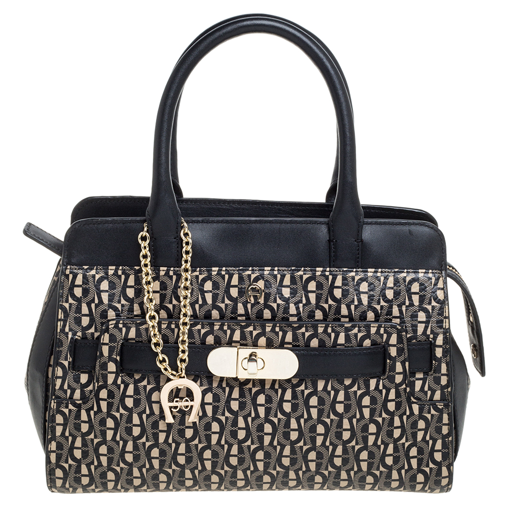 Image of Aigner Black/White Coated Canvas and Leather Turn Lock Satchel
