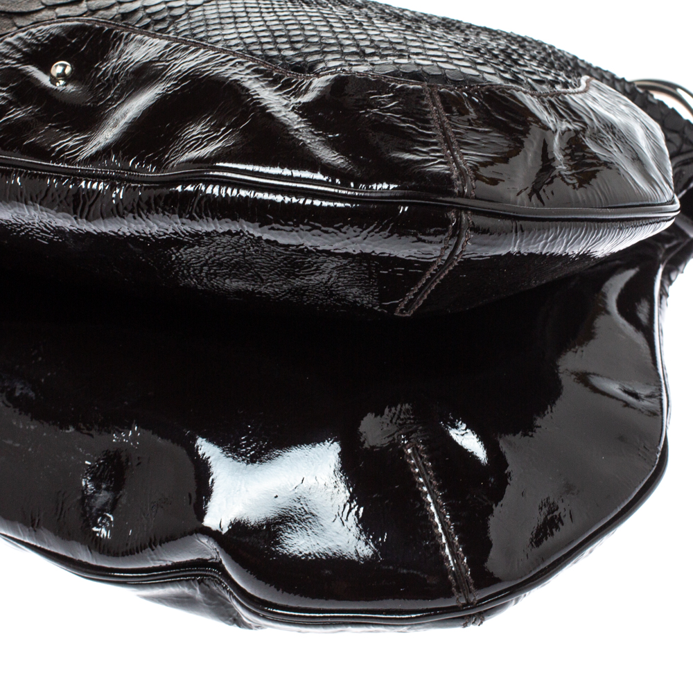 Aigner Dark Brown Python And Patent Leather Tassel Hobo