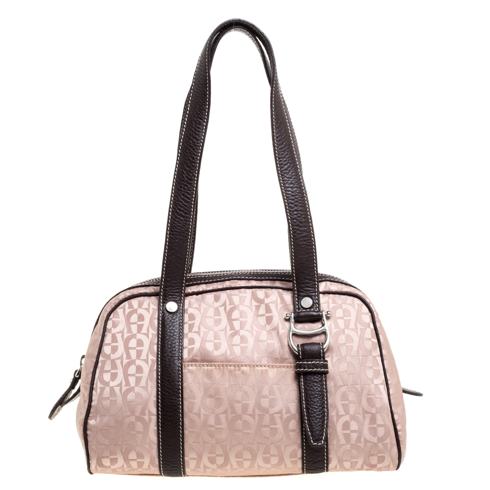 Image of Aigner Brown Nylon and Leather Trim Signature Print Travel Collection Mini Satchel