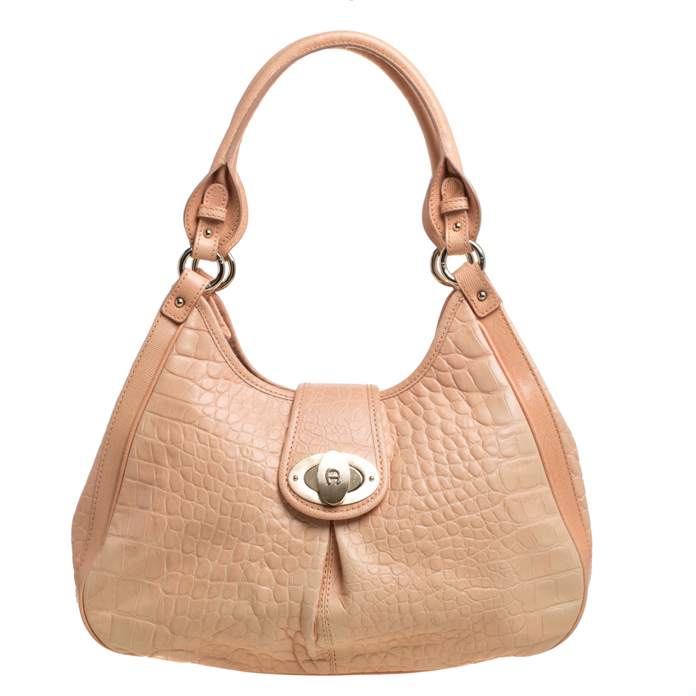 Image of Aigner Peach Croc Embossed Leather Logo Turnlock Shoulder Bag