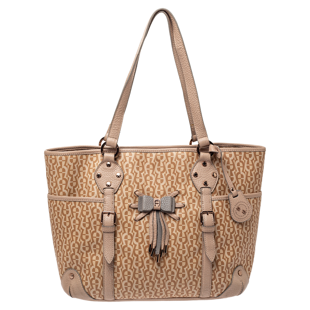 Aigner beige/pink signature coated canvas and leather bow tote