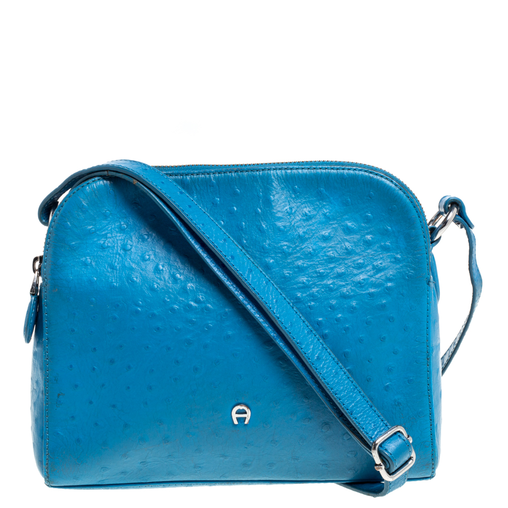 Image of Aigner Sky Blue Ostrich Embossed Leather Double Zip Shoulder Bag