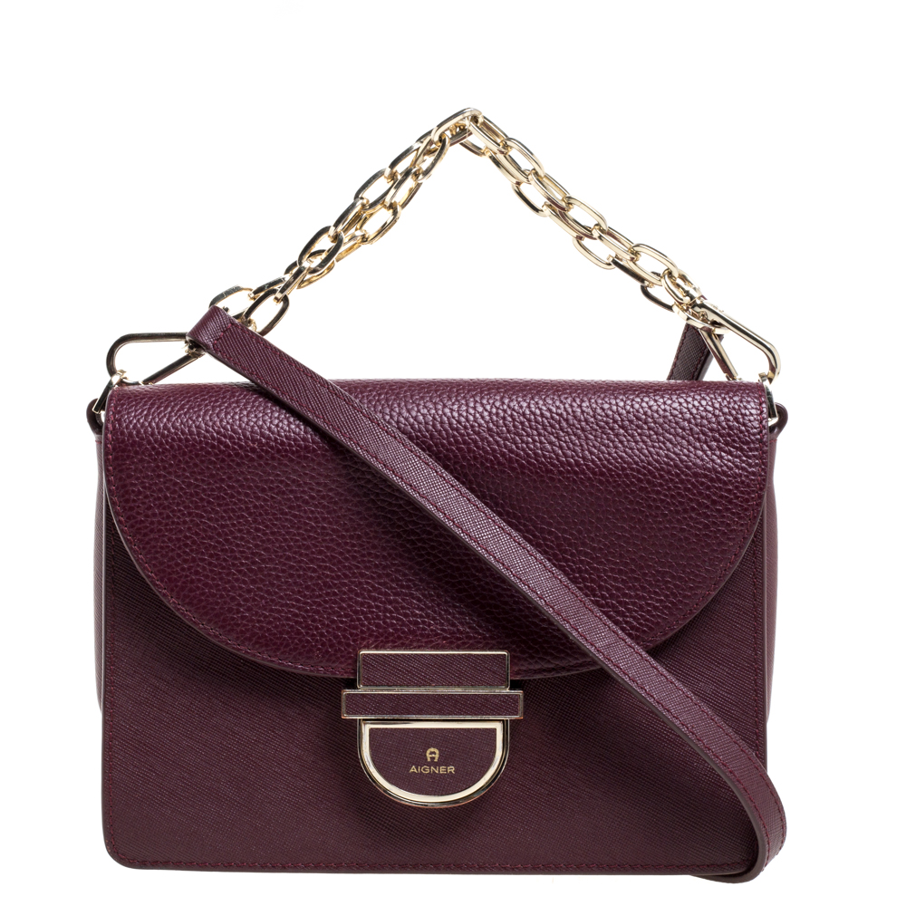 Image of Aigner Burgundy Leather Flap Shoulder Bag