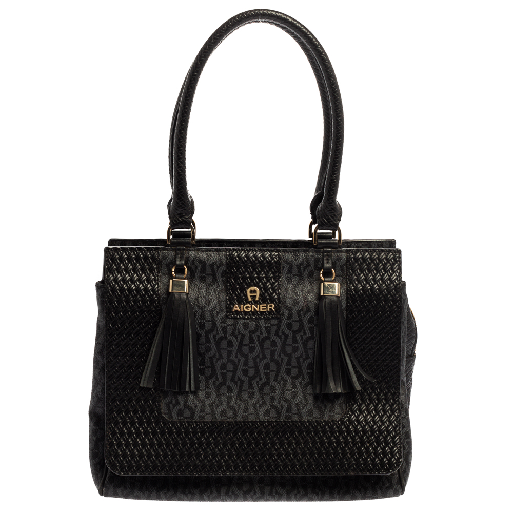 Image of Aigner Black Signature Coated Canvas And Leather Tassel Top Handle Bag