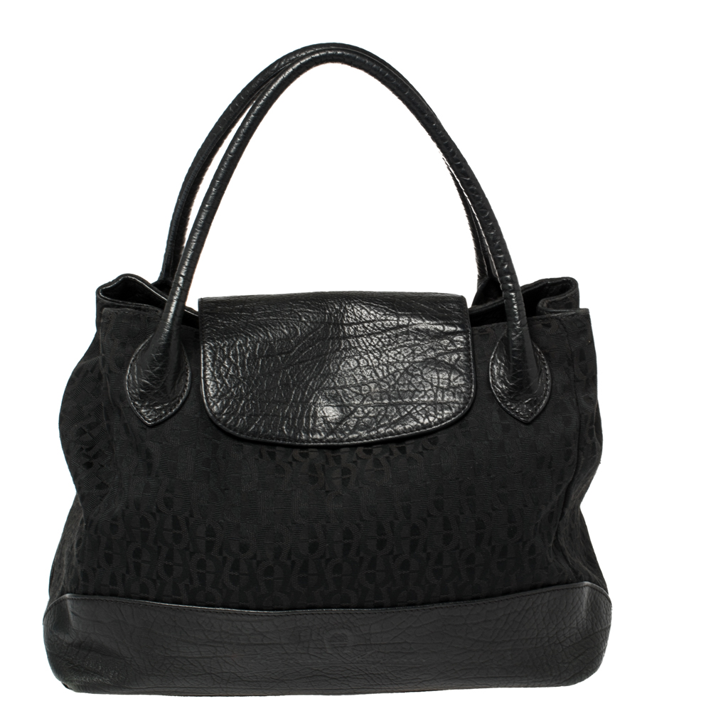 Image of Aigner Black Signature Canvas and Leather Satchel
