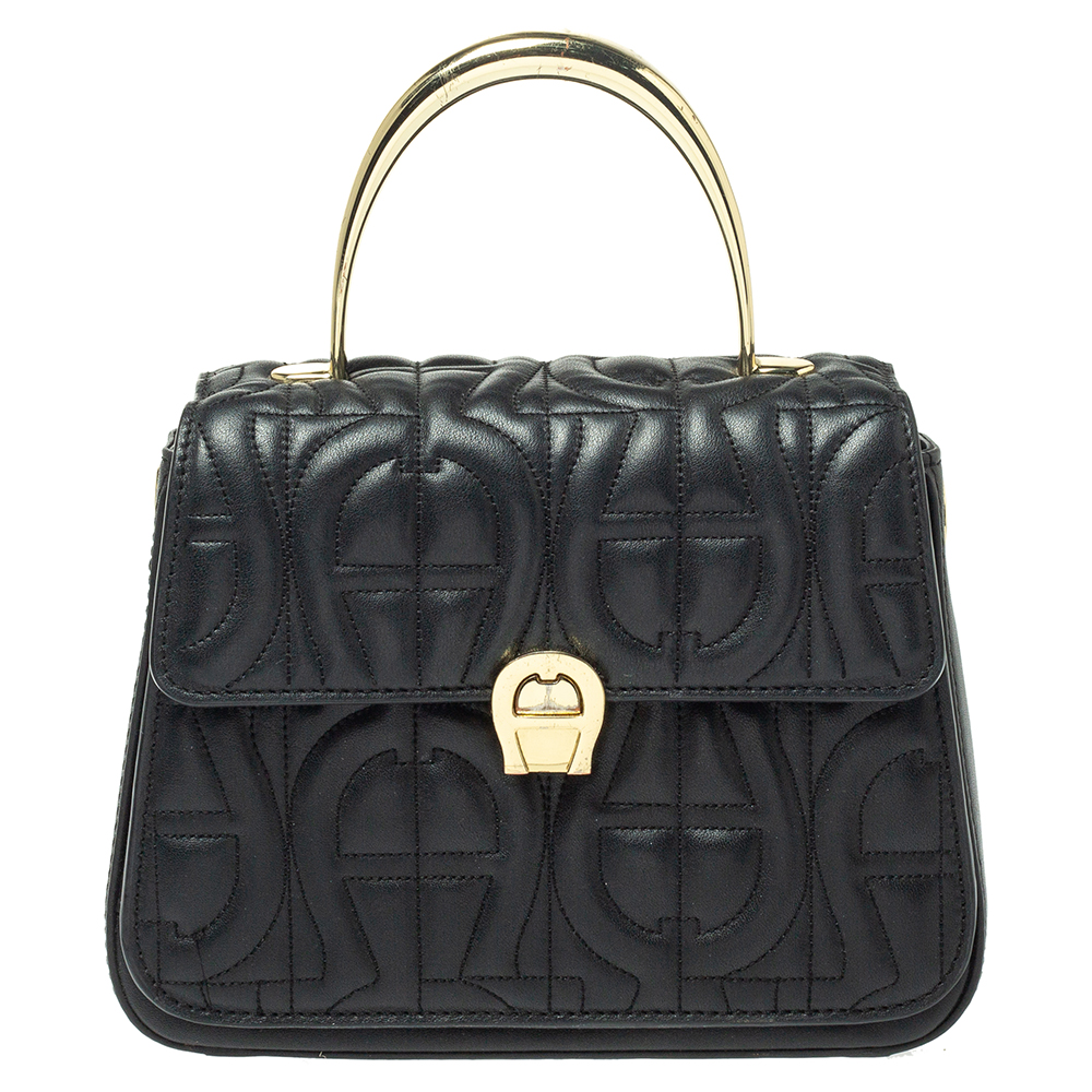 Image of Aigner Black Signature Leather Genoveva Top Handle Bag
