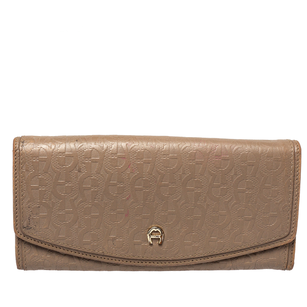 Image of Aigner Dark Beige Monogram Embossed Leather Flap Continental Wallet