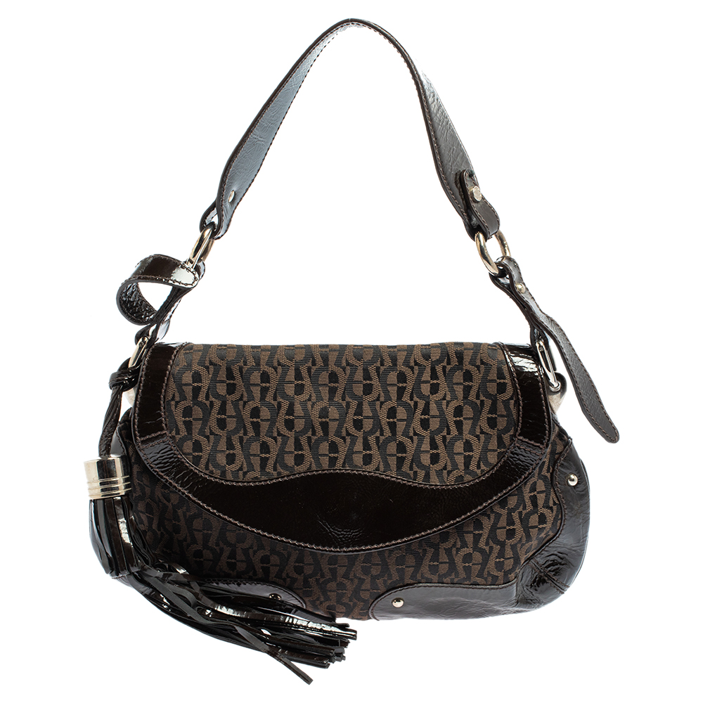 Aigner Brown Signature Canvas and Patent Leather Hobo