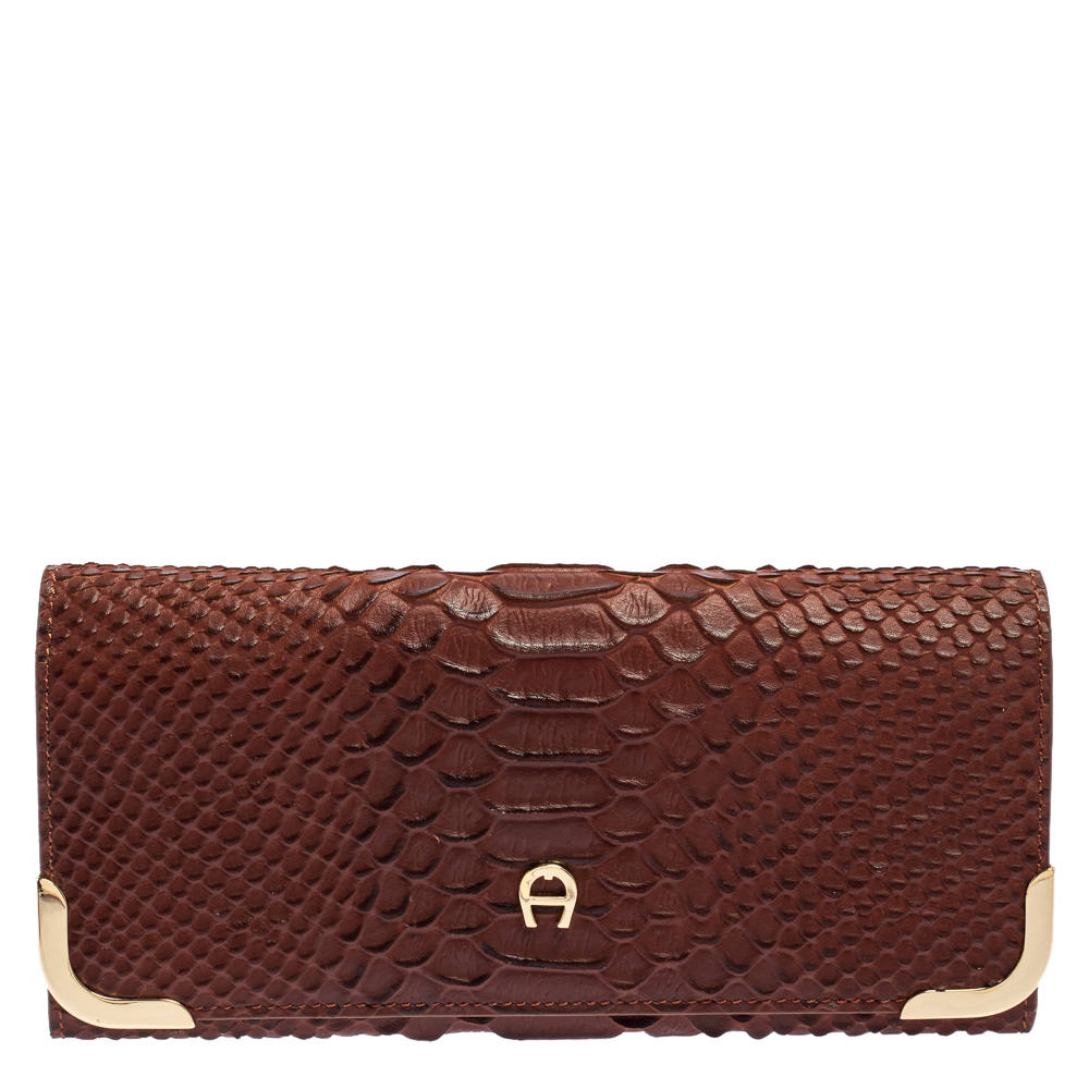 Aigner Brown Snake Print Leather Flap Continental Wallet