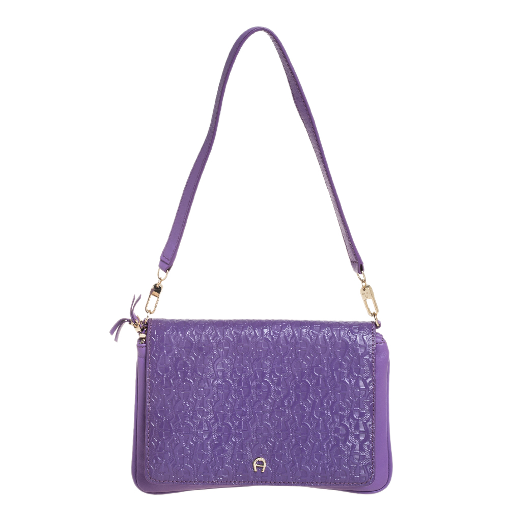 Aigner Purple Signature Patent Leather and Leather Flap Shoulder Bag