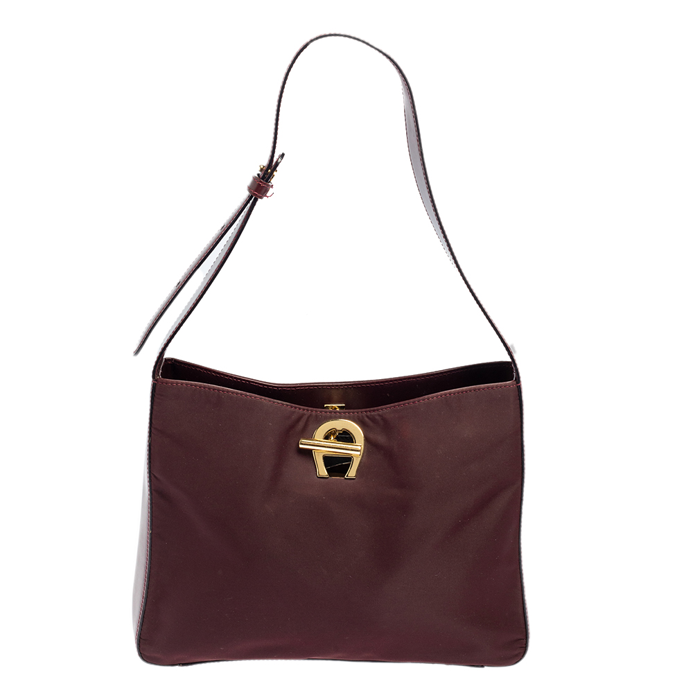Aigner Burgundy Nylon and Leather Logo Lock Shoulder Bag