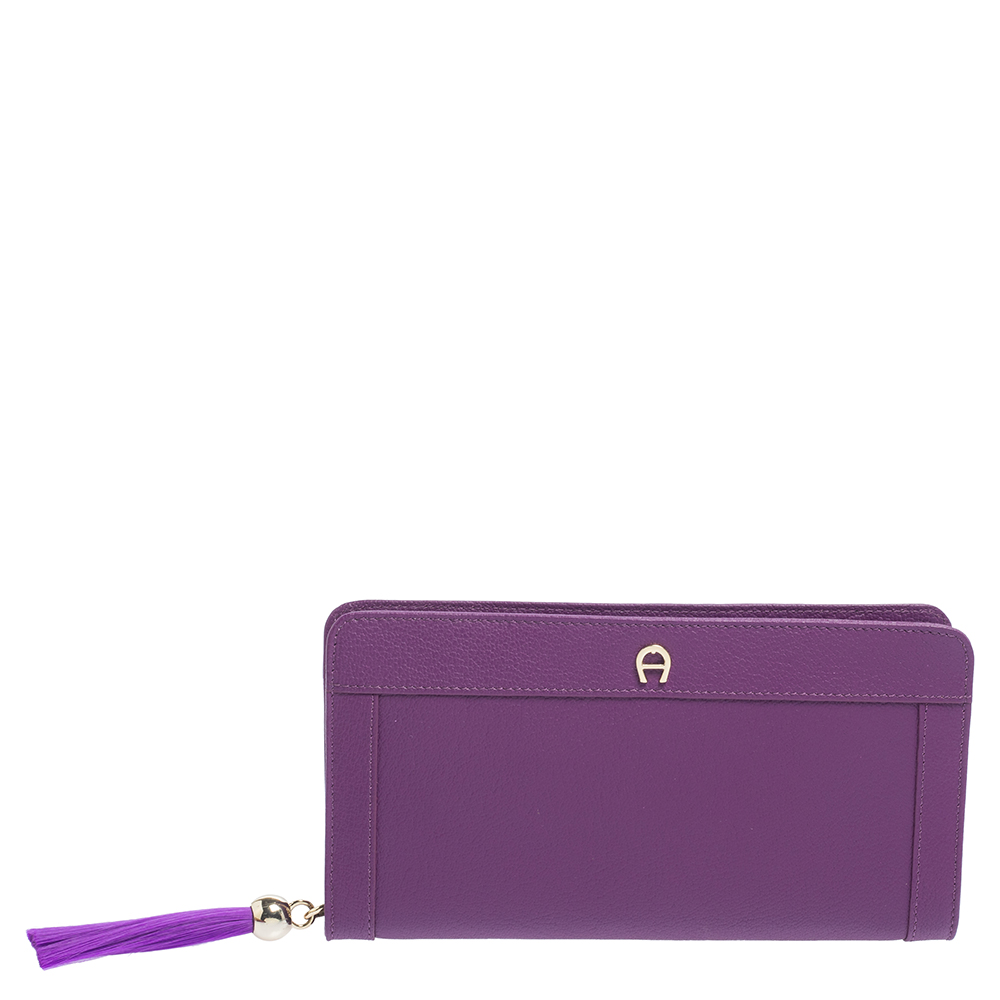 Aigner Purple Leather Zip Around Wallet