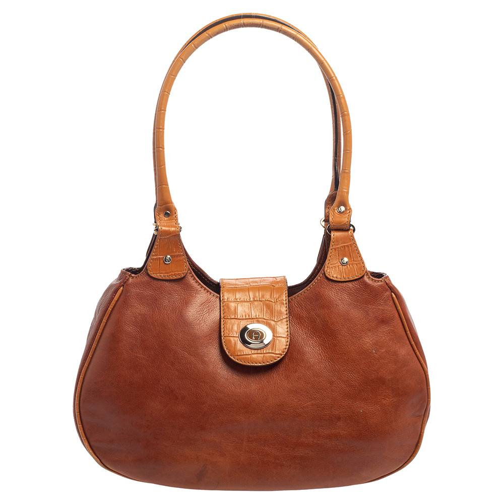 Aigner Brown Croc Embossed Leather and Leather Hobo