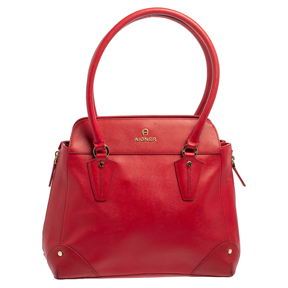 Aigner Red Leather Side Zip Satchel