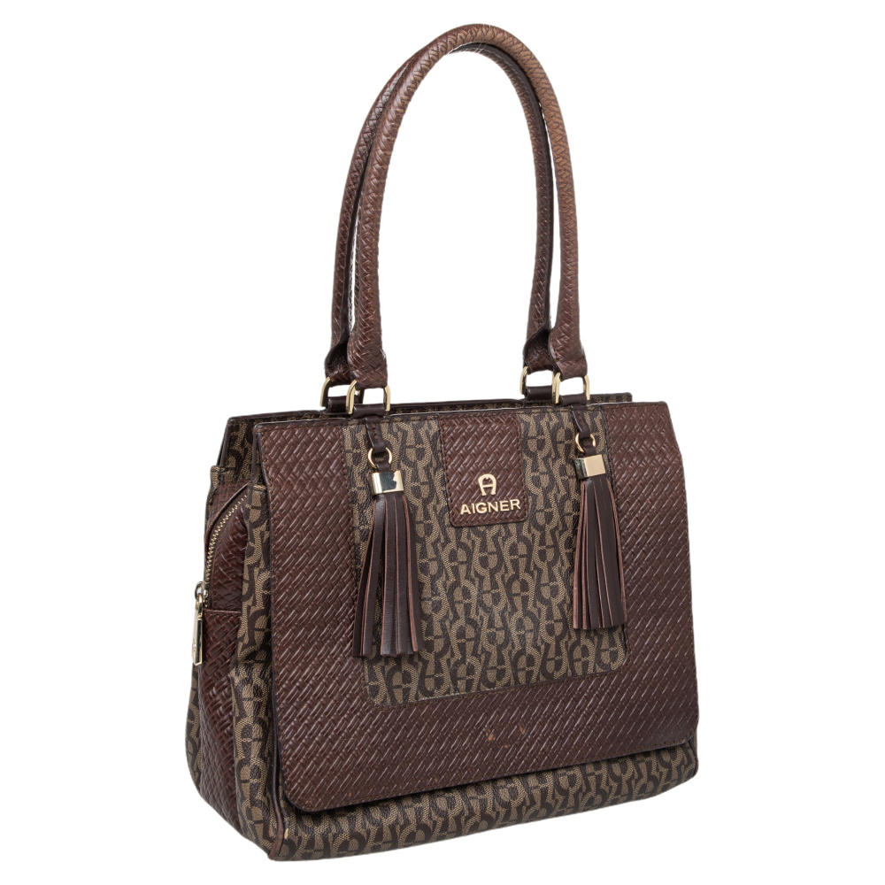 Aigner Brown Signature Canvas And Leather Tassel Satchel