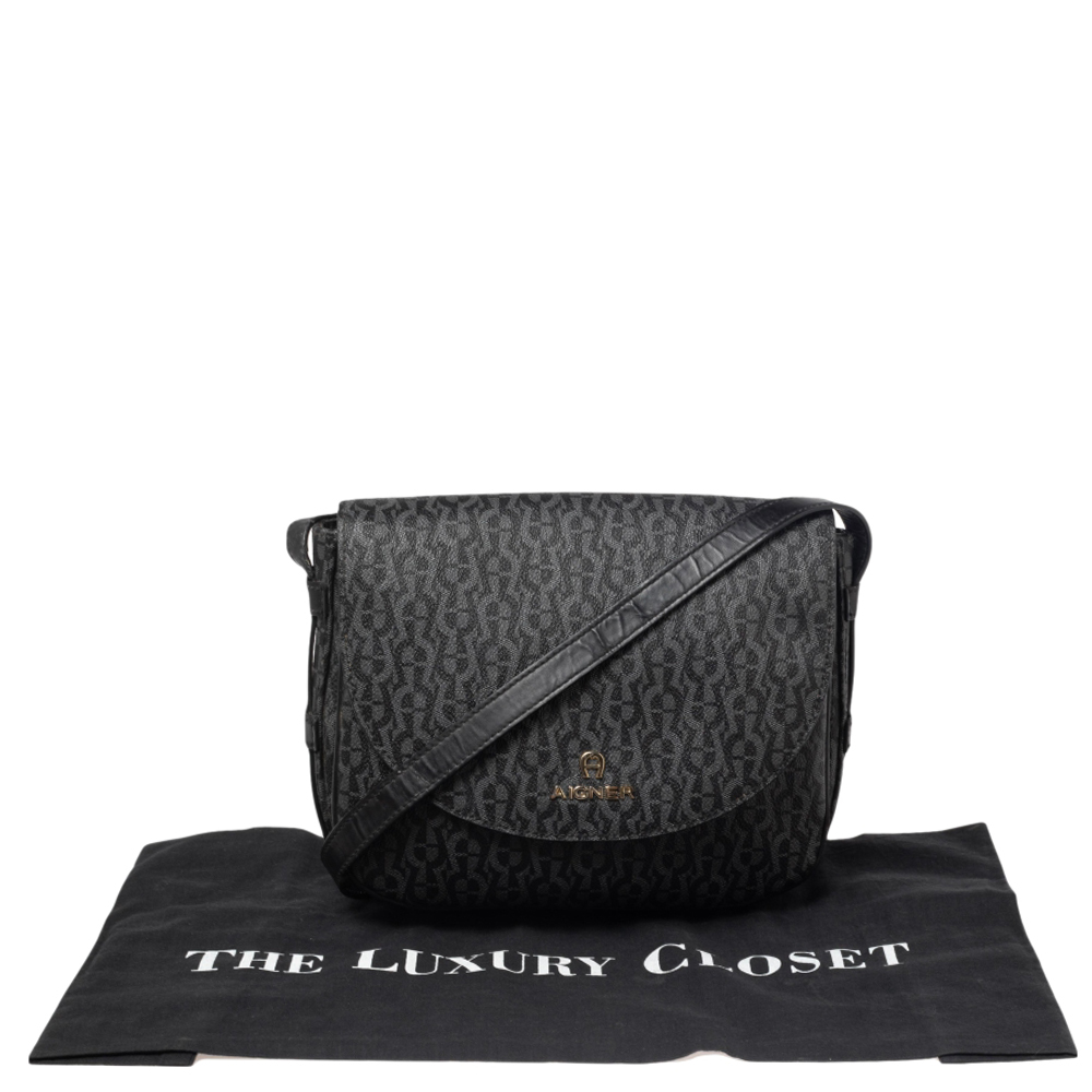 Aigner Black Signature PVC And Leather Messenger Bag