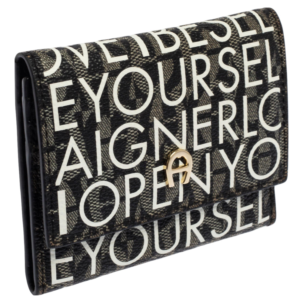 Aigner White/Black Signature Coated Canvas Compact Wallet