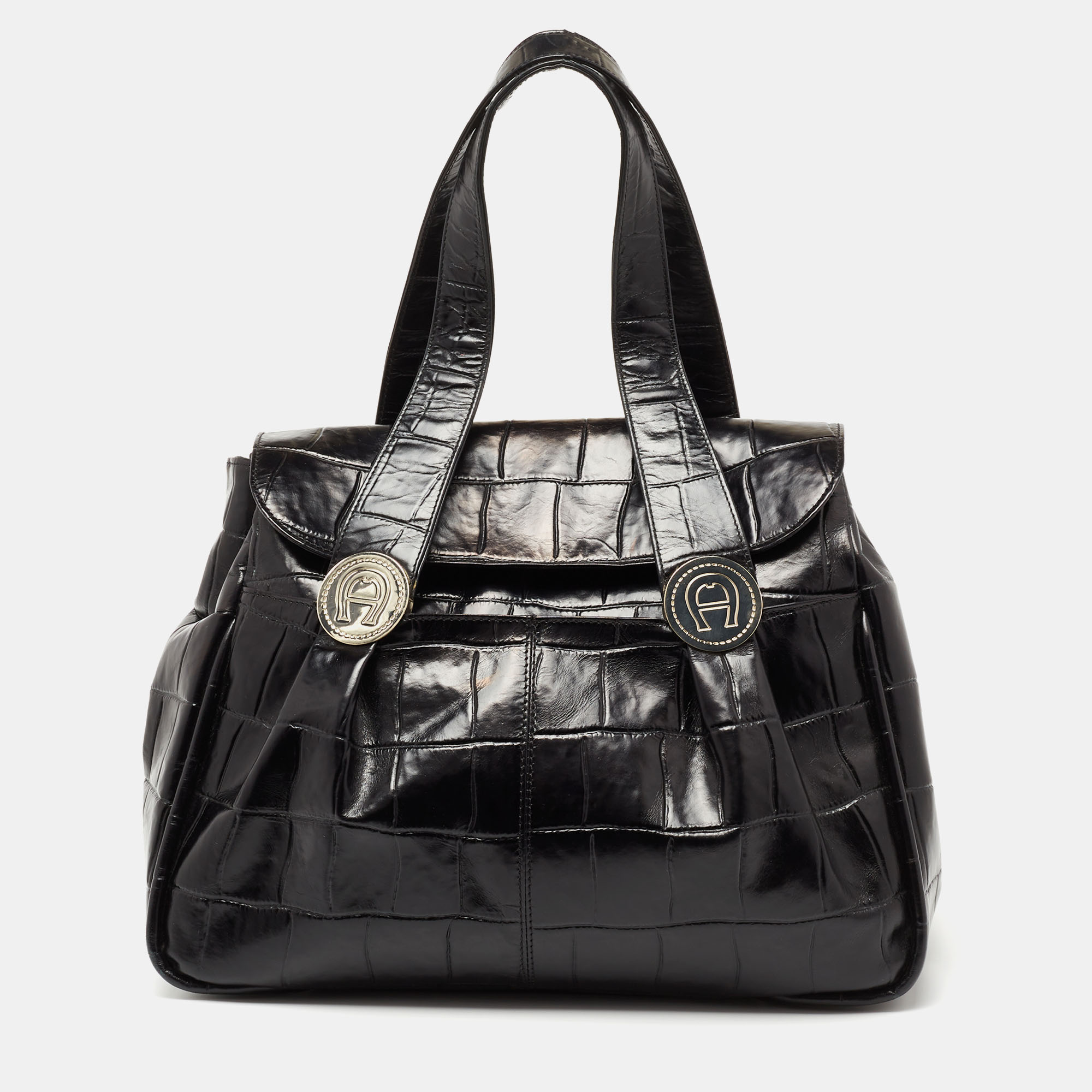 Aigner black croc embossed leather satchel