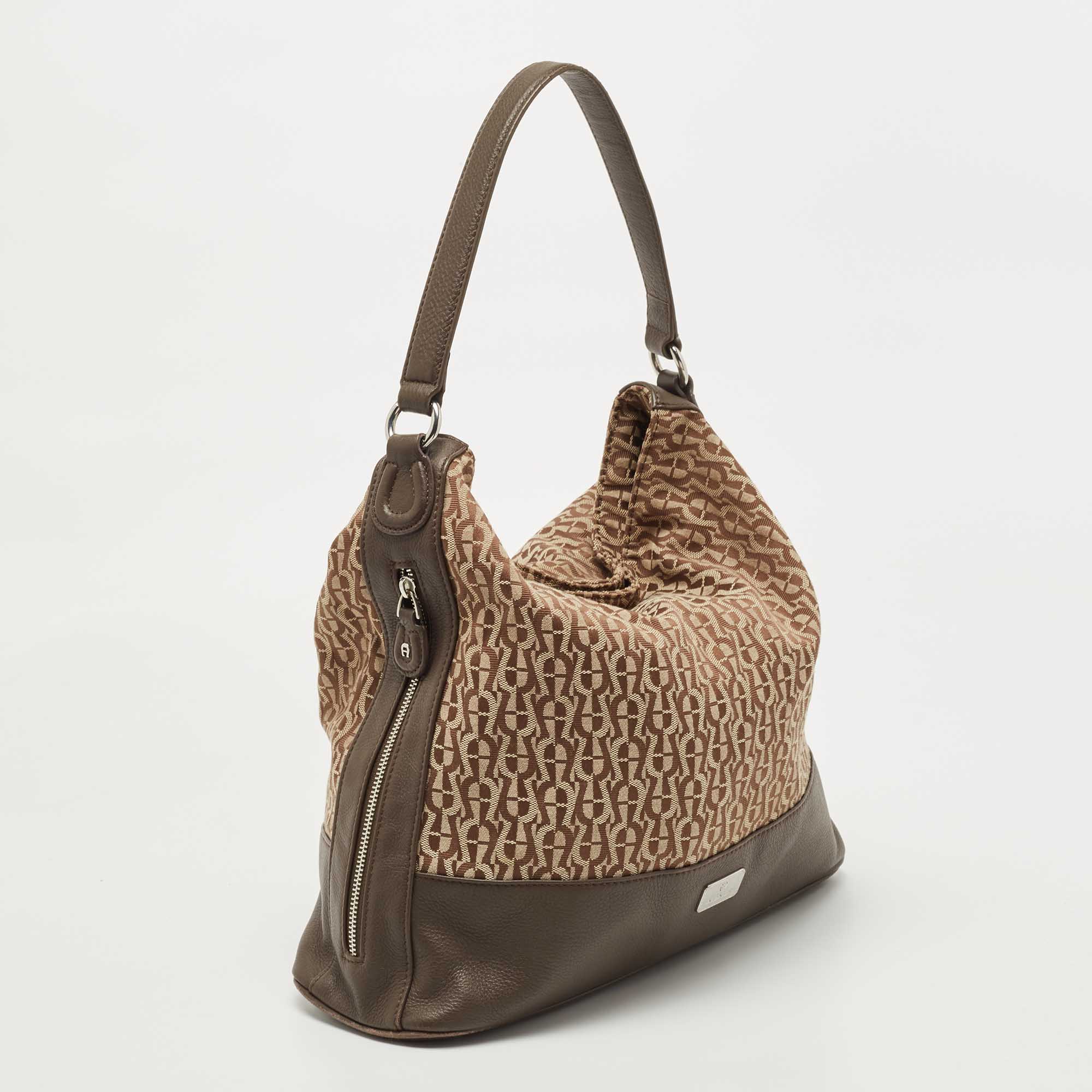 Aigner Beige/Brown Monogram Canvas And Leather Side Zip Hobo