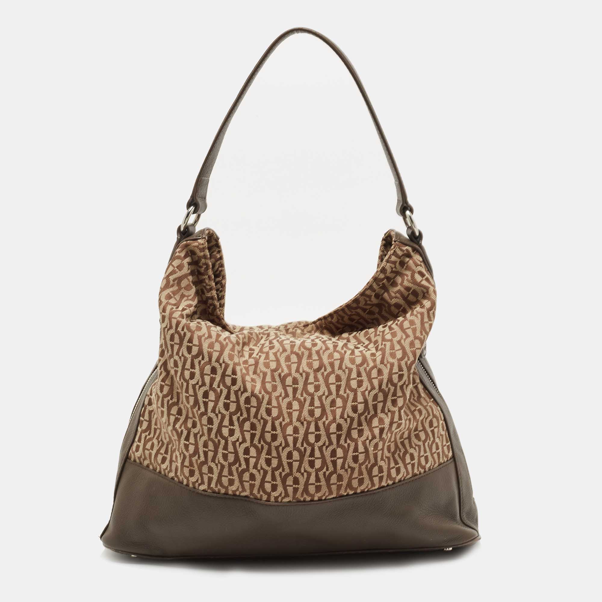 Aigner Beige/Brown Monogram Canvas And Leather Side Zip Hobo