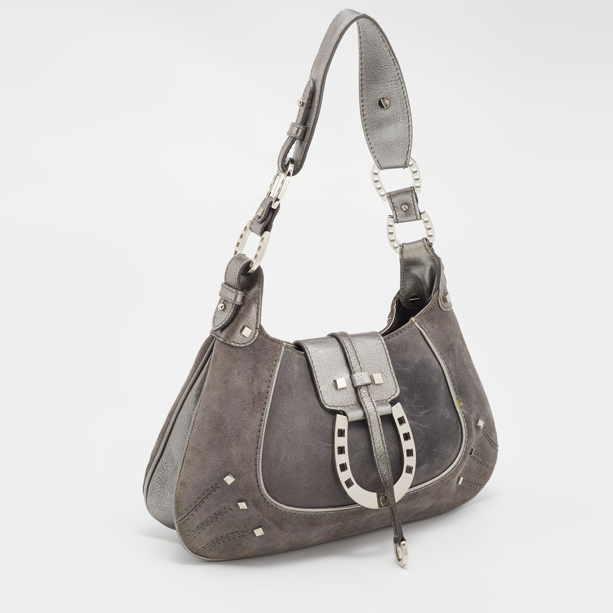 Aigner Grey Studded Suede And Leather Hobo