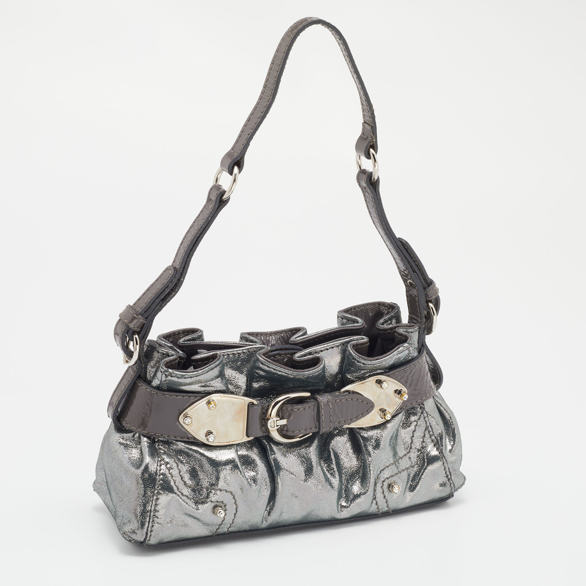 Aigner Metallic Grey Shimmering Patent And Leather Baguette Bag