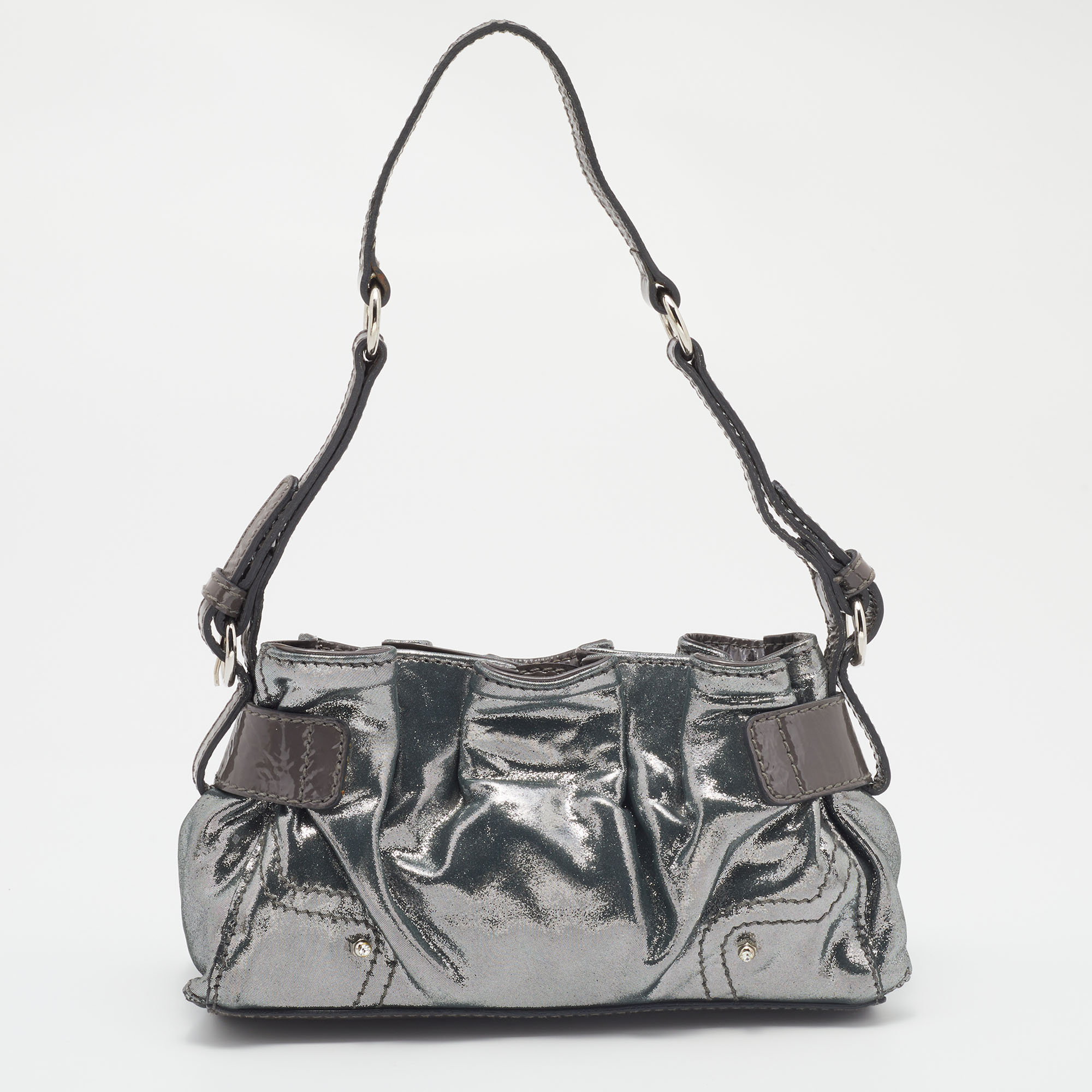 Aigner Metallic Grey Shimmering Patent And Leather Baguette Bag
