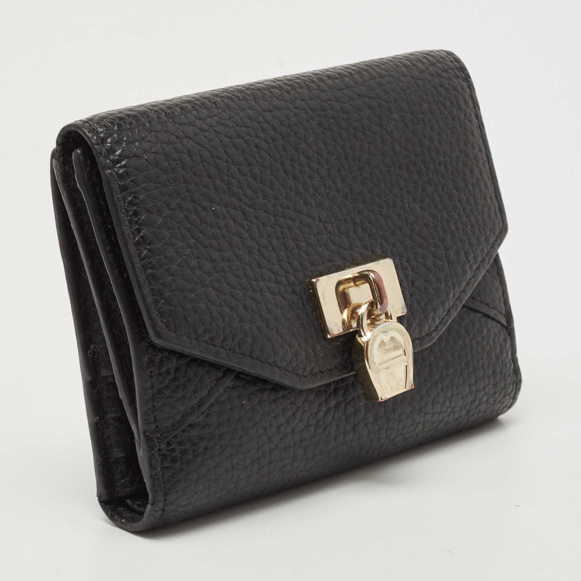 Aigner Black Leather Envelope Flap Compact Wallet