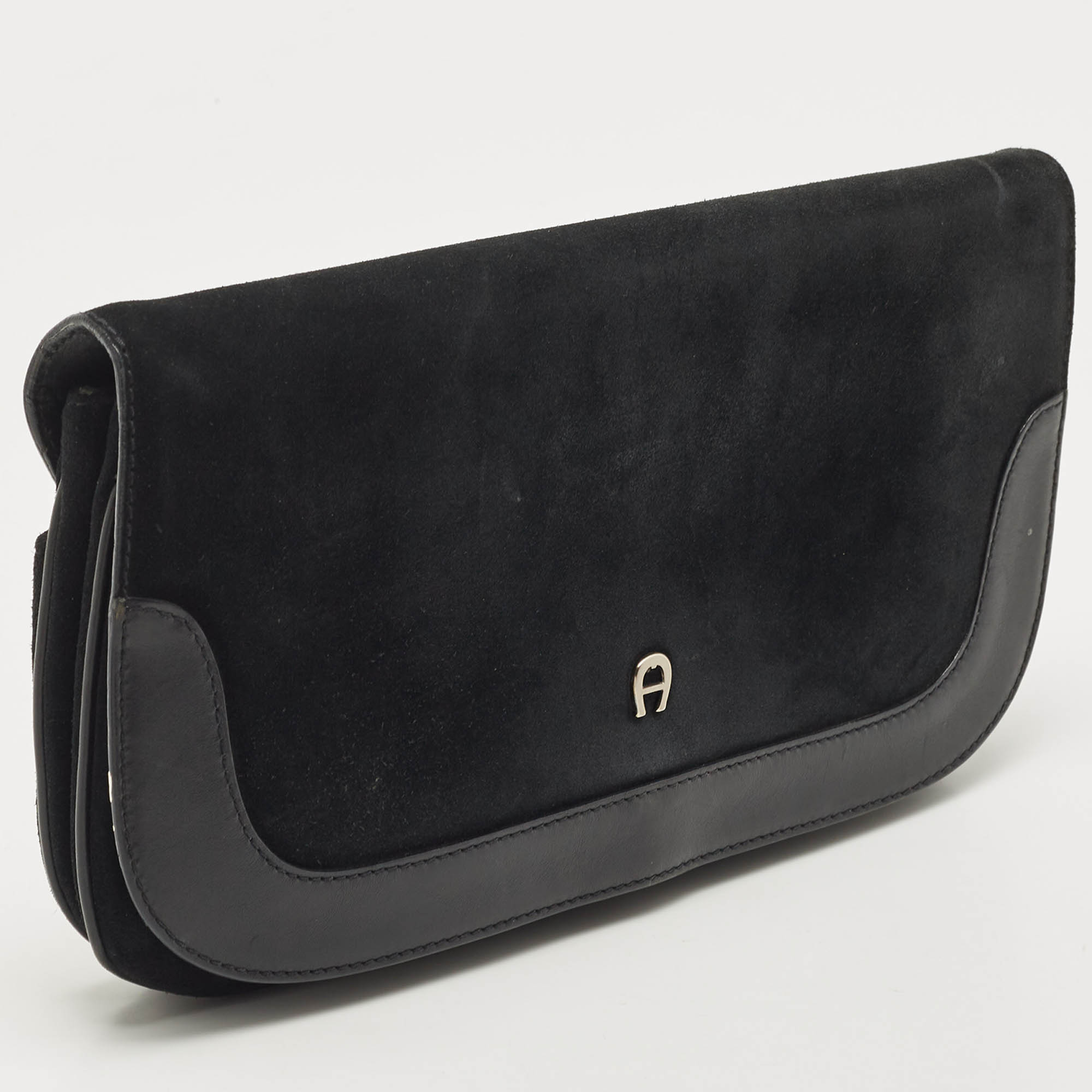 Aigner Black Suede And Leather Logo Flap Clutch