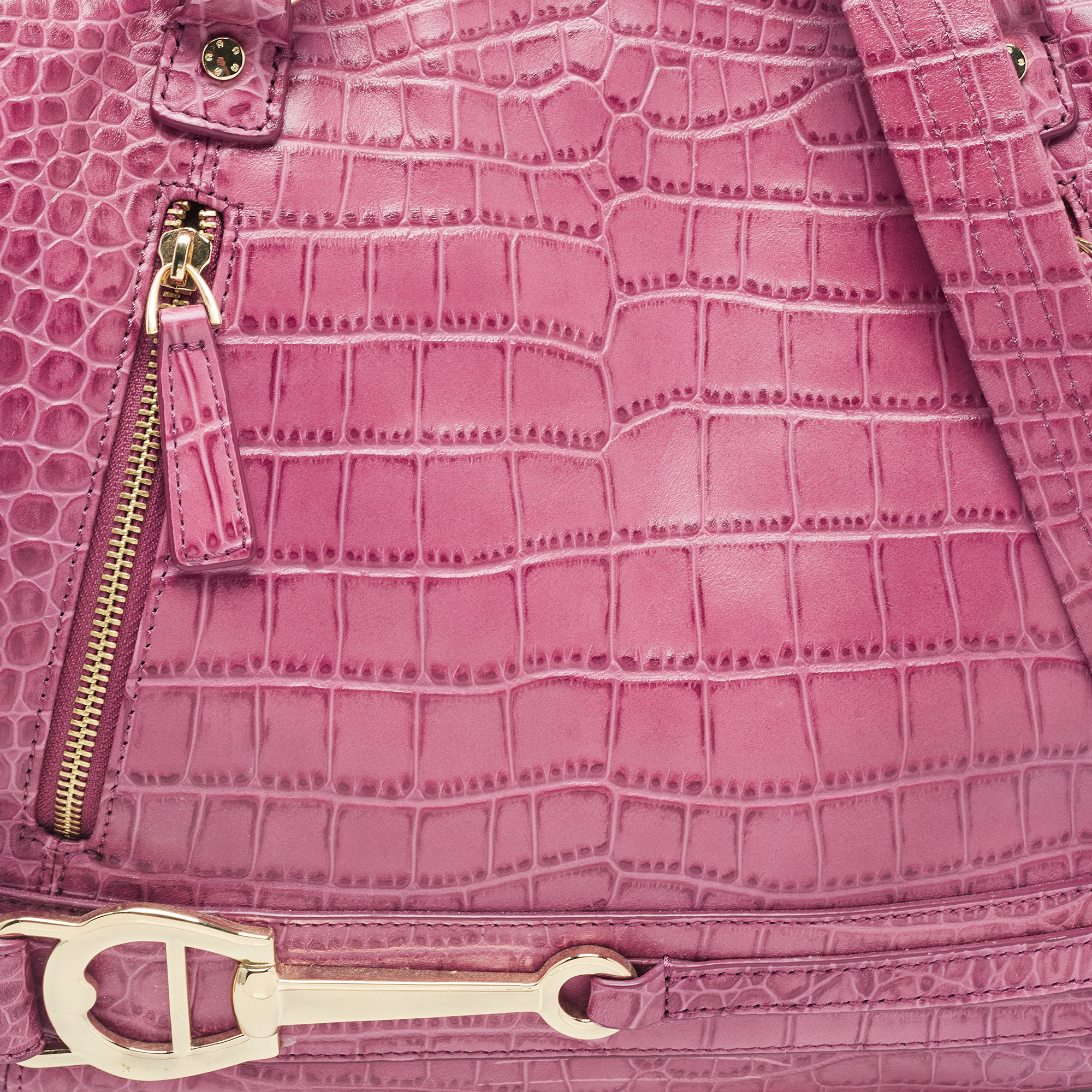 Aigner Pink Croc Embossed Leather Double Zipped Satchel