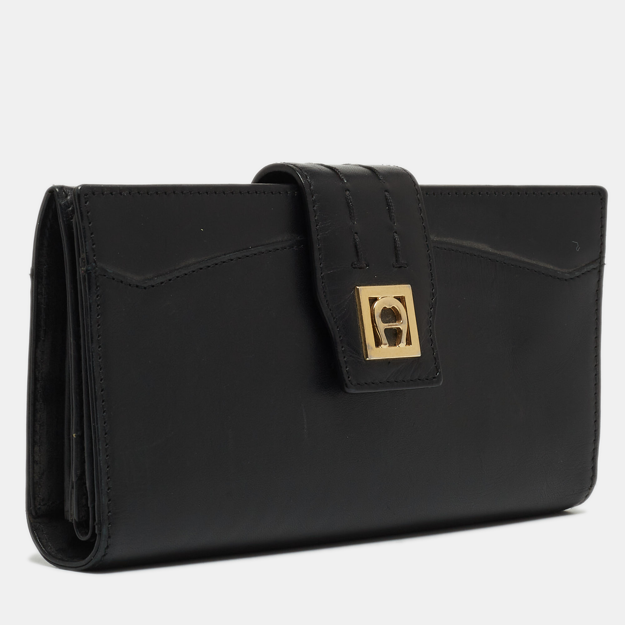 Aigner Black Leather Logo Continental Wallet