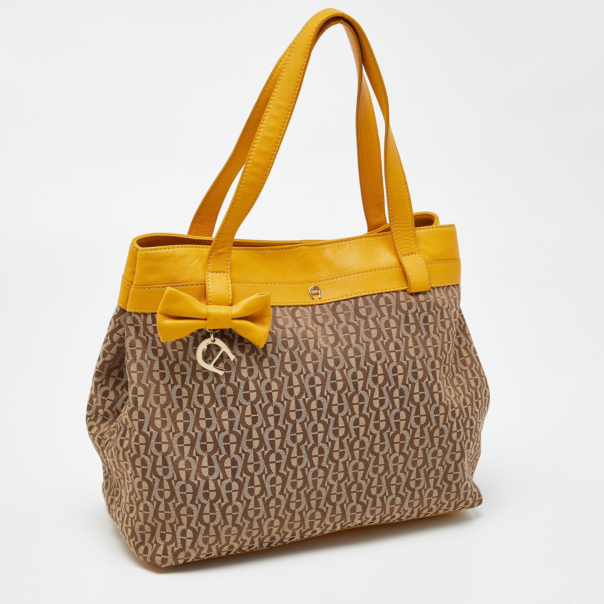 Aigner Beige/Mustard Signature Canvas And Leather Tote