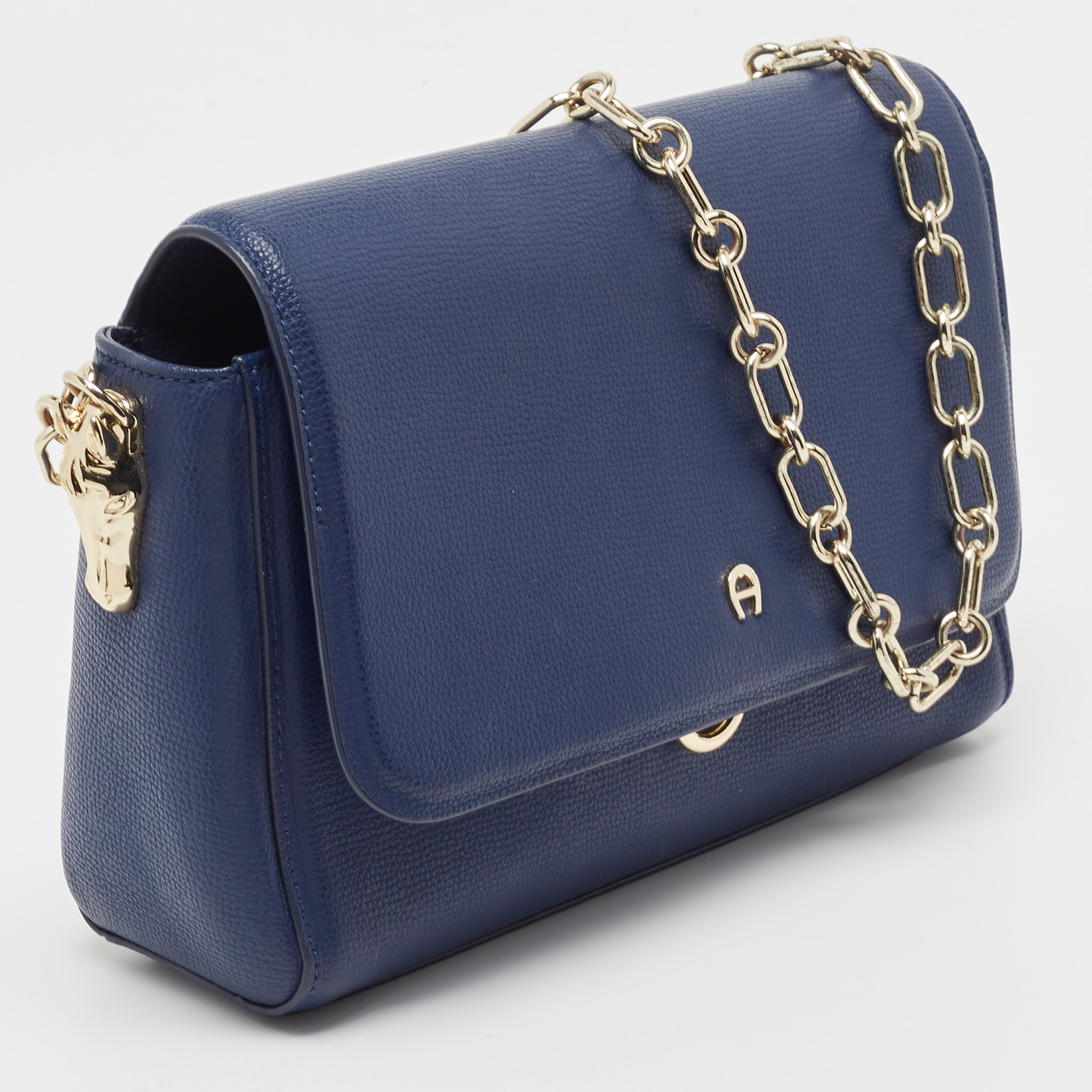 Aigner Navy Blue Leather Flap Chain Shoulder Bag