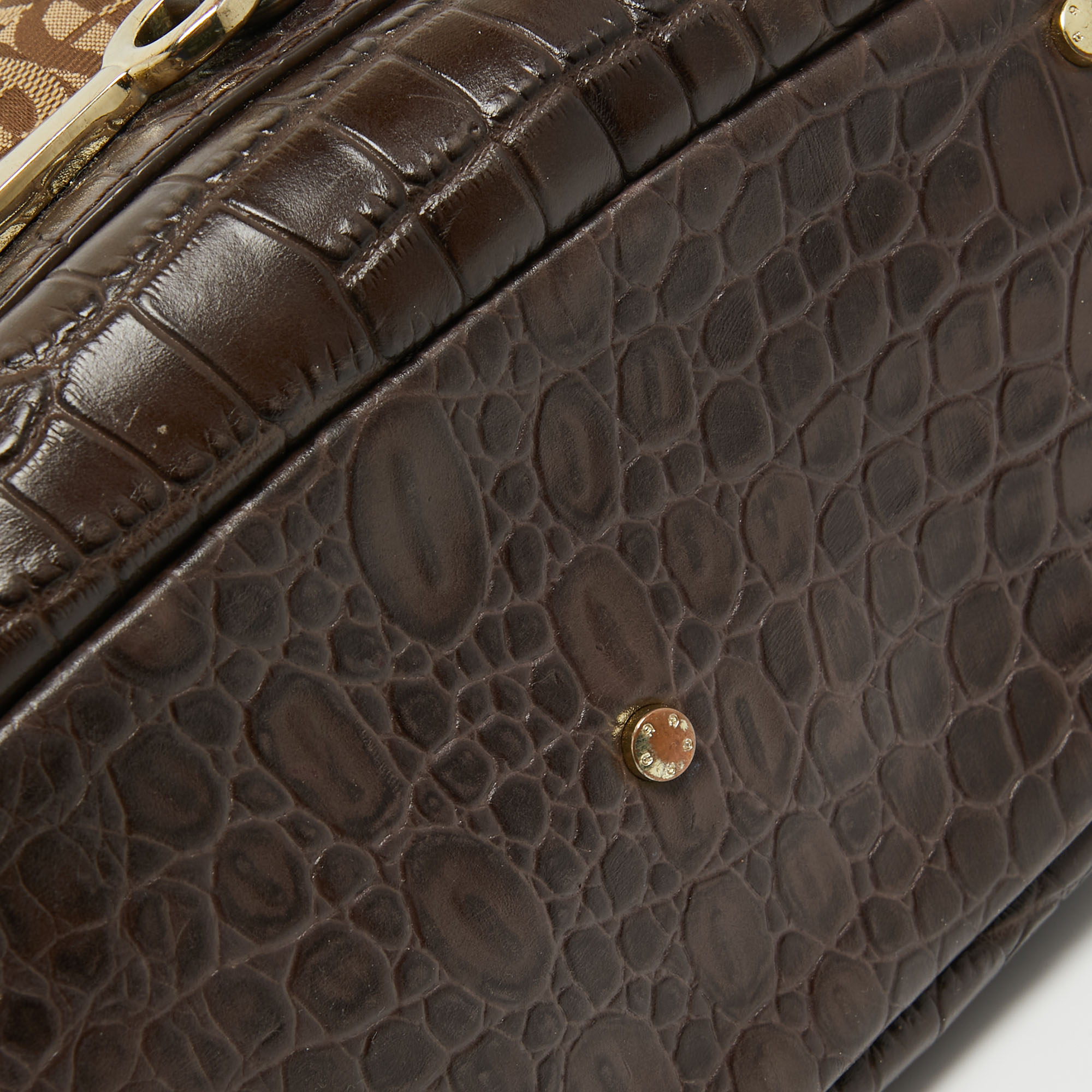 Aigner Dark Brown/Beige Signature Canvas And Croc Embossed Leather Buckle Logo Satchel