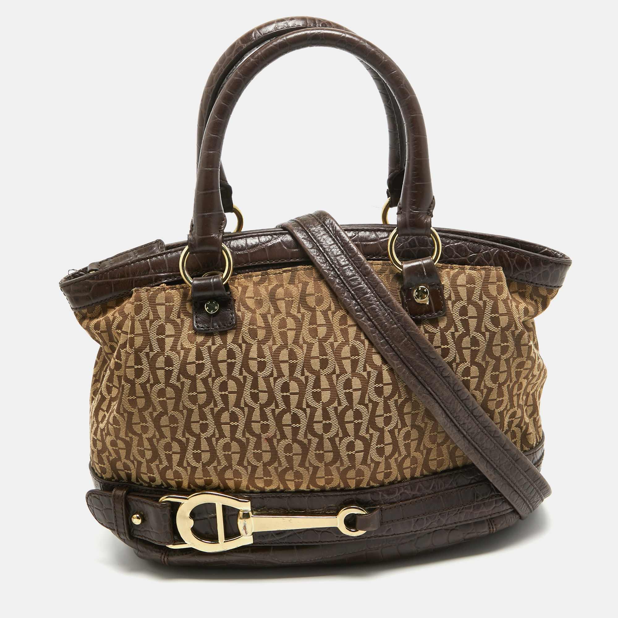 Aigner dark brown/beige signature canvas and croc embossed leather buckle logo satchel