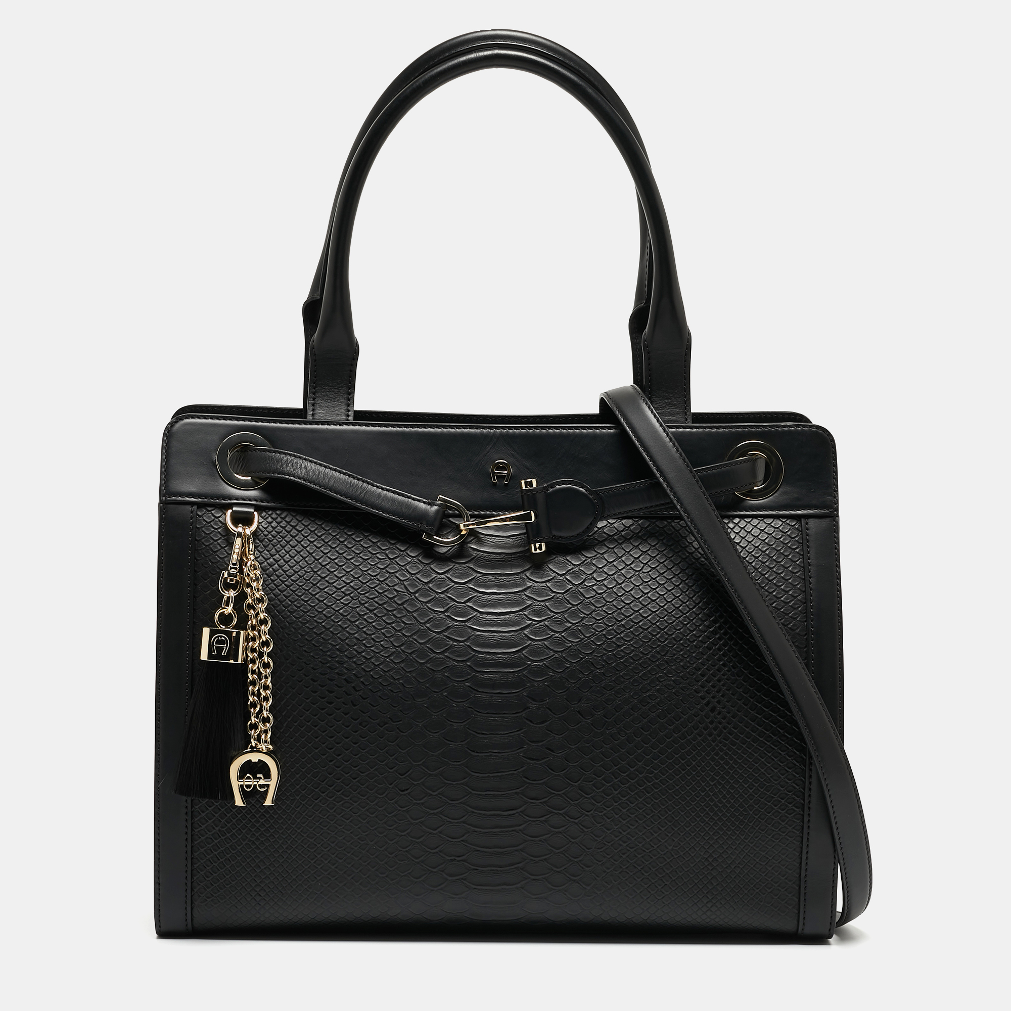 Aigner Black Python Embossed Leather And Leather Cavallina Tote