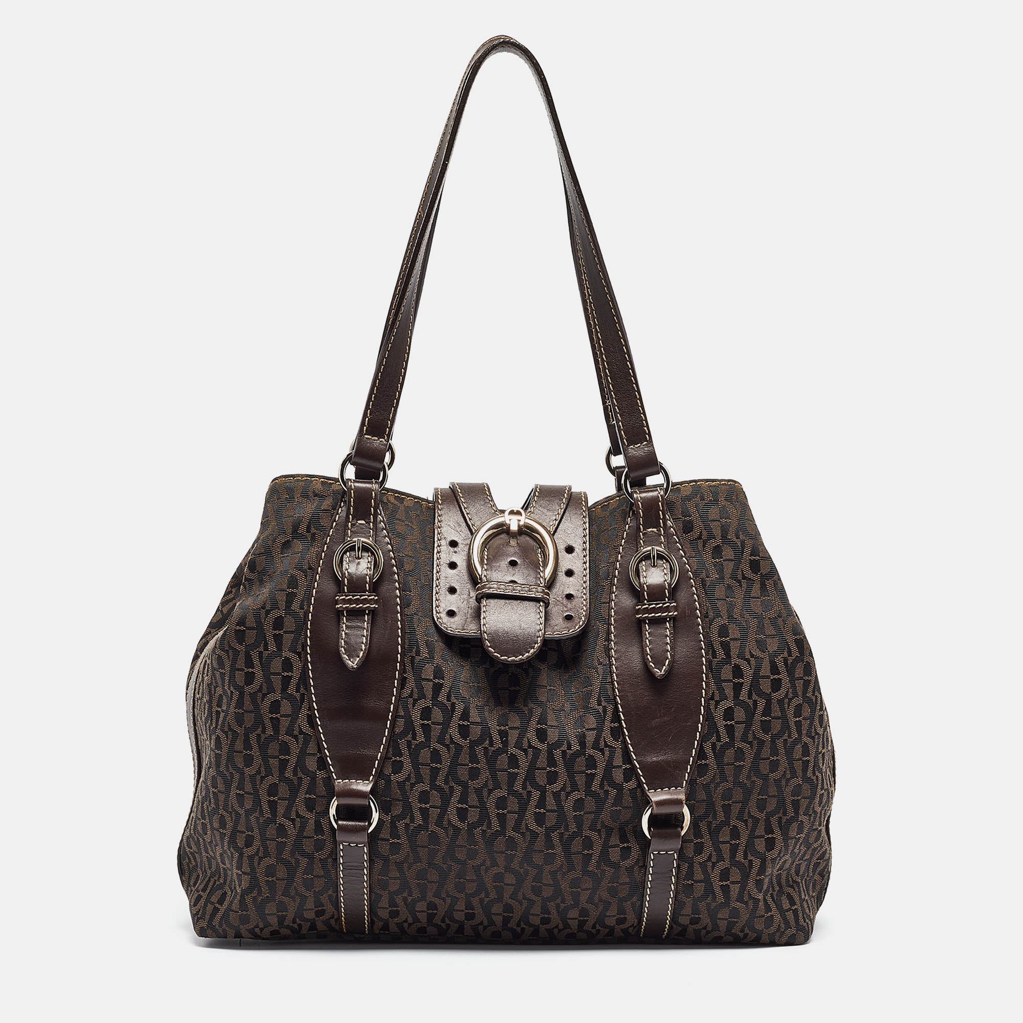 Aigner dark brown monogram canvas and leather buckle flap tote