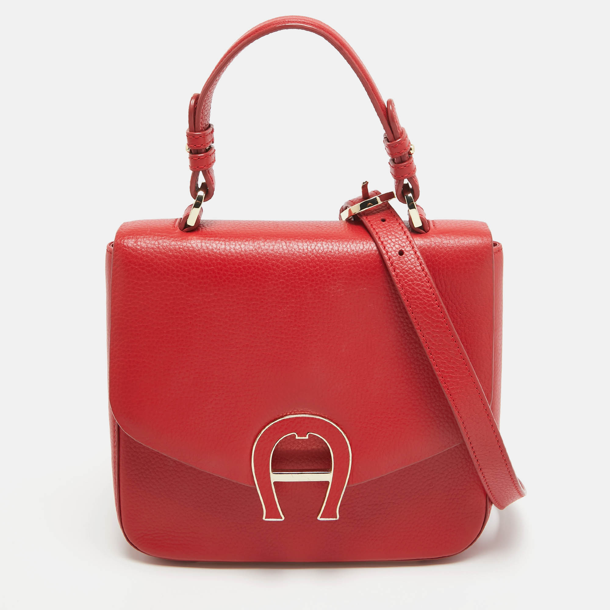 Aigner red leather logo flap top handle bag
