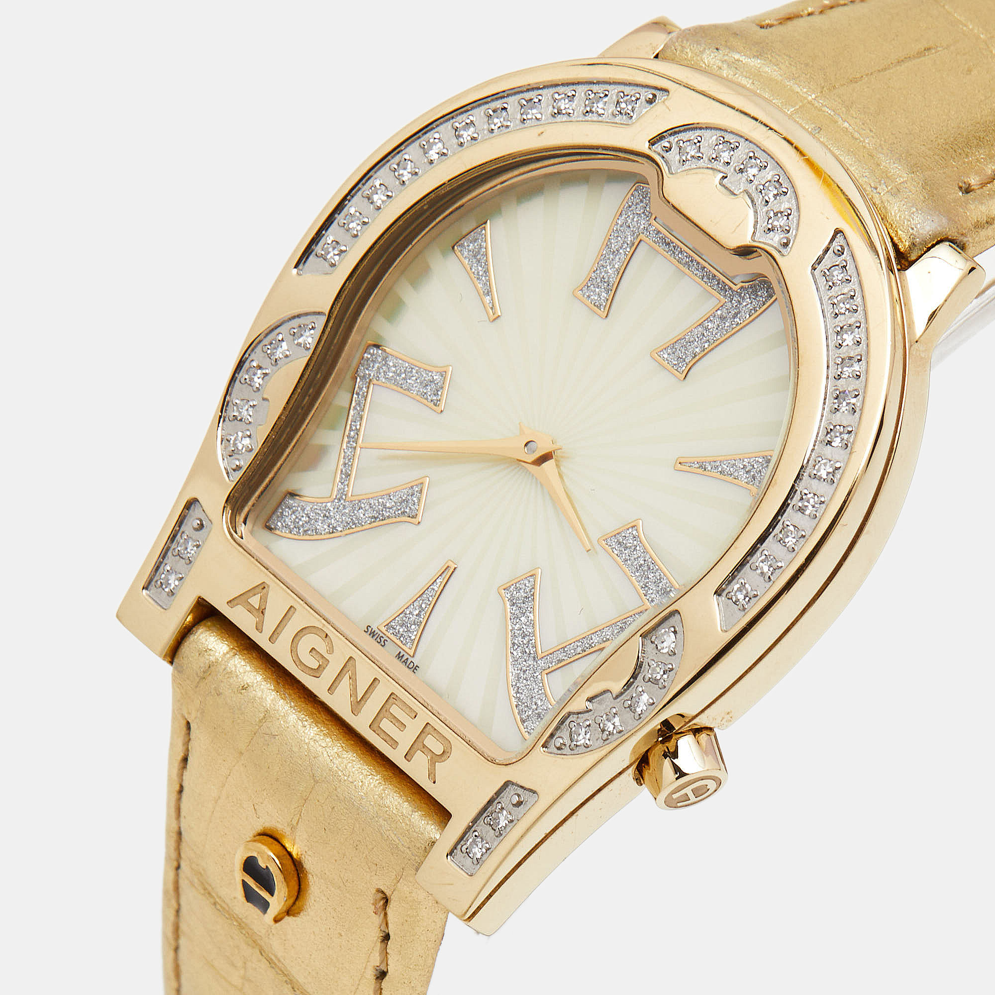 

Aigner Mother of Pearl Diamond Gold Plated Stainless Steel Leather Verona A01100 Women's Wristwatch