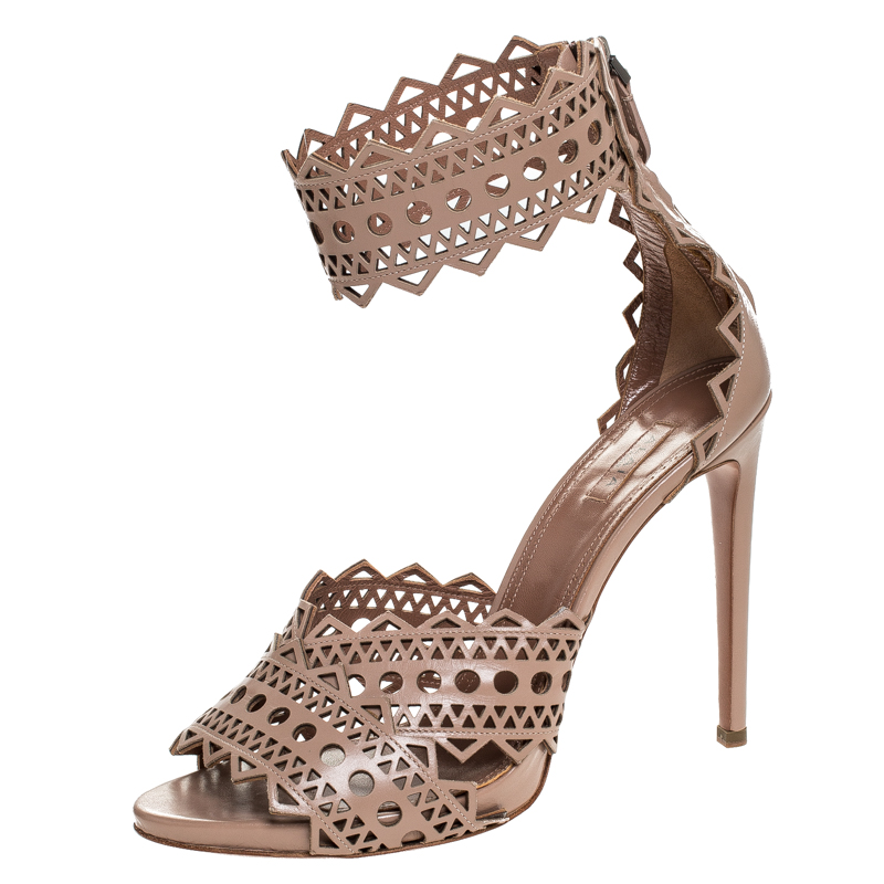 Image of Alaia Beige Leather Laser Cut Out Sandals Size