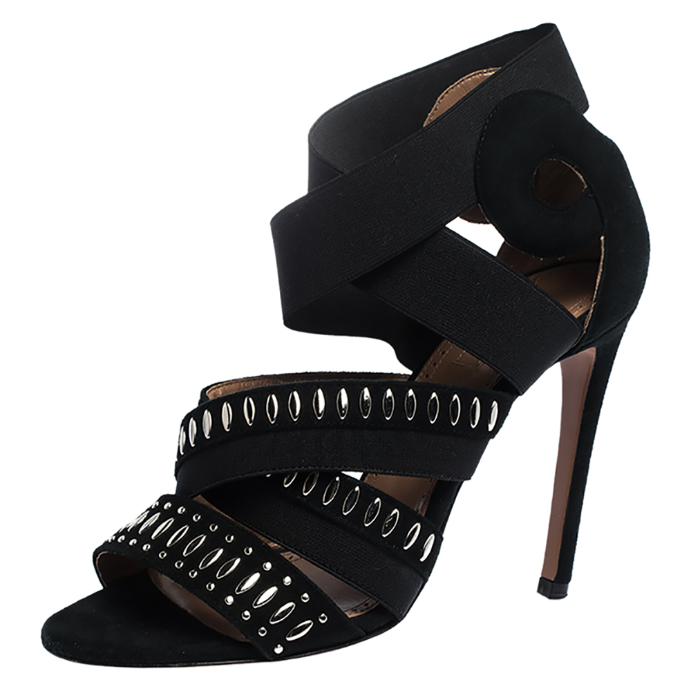Image of Alaia Black Studded Suede Cross Strap Peep Toe Sandals Size