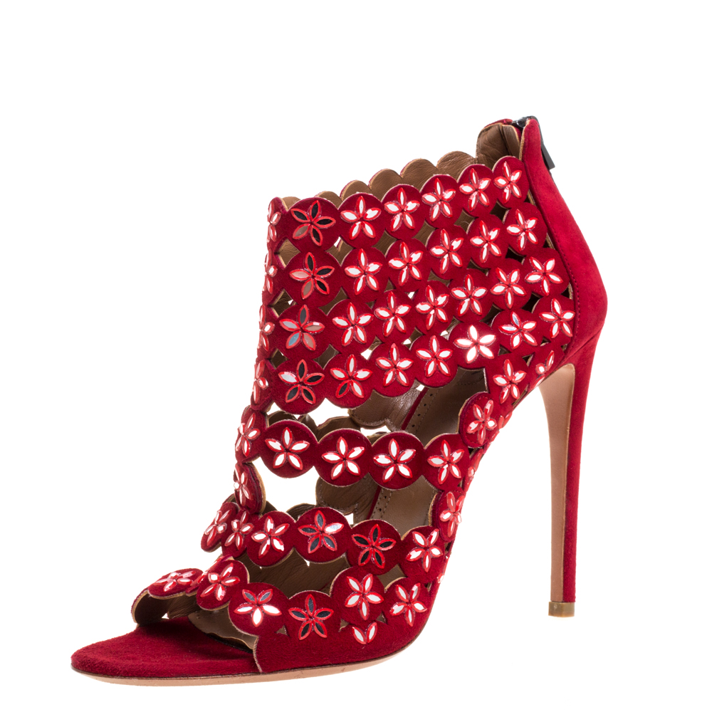 Image of Alaia Red Suede Leather Mirror Embellished Laser Cut Out Open Toe Sandals Size
